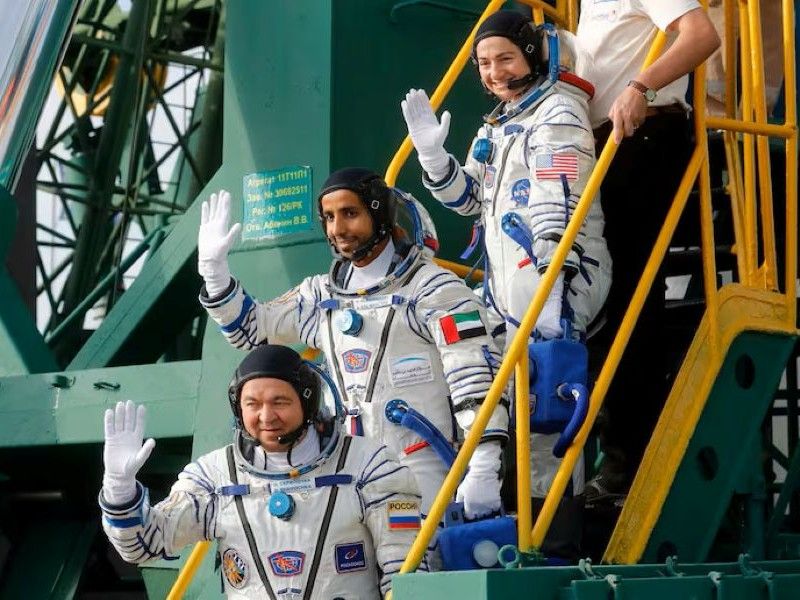Hazza Al Mansouri while boarding the Soyuz MS-15 spacecraft with fellow astronauts