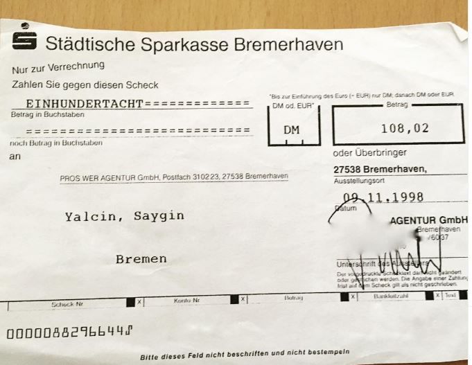 A photo of Saygin Yalcin's first salary after distributing newspapers