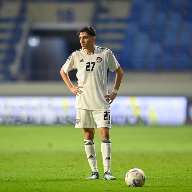 Hazim Abbas wearing jersey number 27, representing the United Arab Emirates national football team