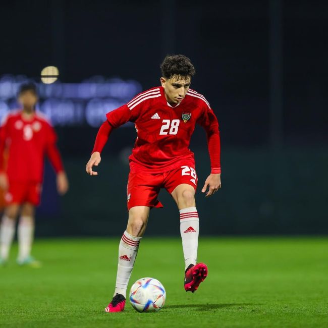 Hazim Abbas wearing jersey number 28, representing the United Arab Emirates national football team