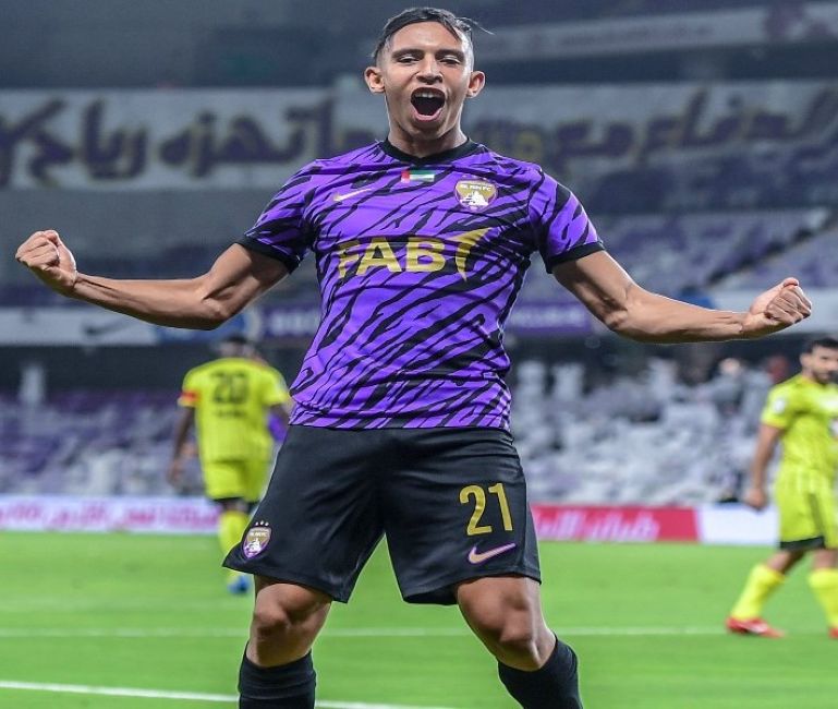 Soufiane Rahimi celebrating after scoring his first goal for Al Ain FC