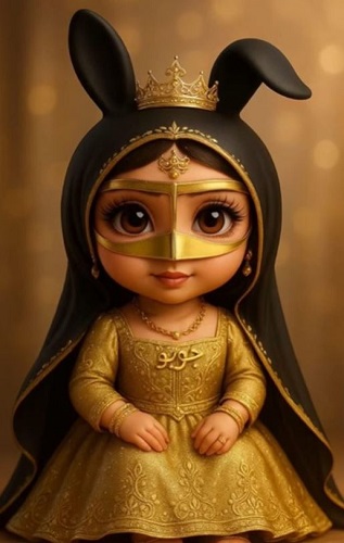 Habubu wearing goldn mask and hijab